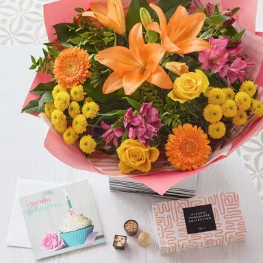 (Interflora) CCBDGSB0100I Brights Happy Birthday Bouquet with chocolates and card - €74